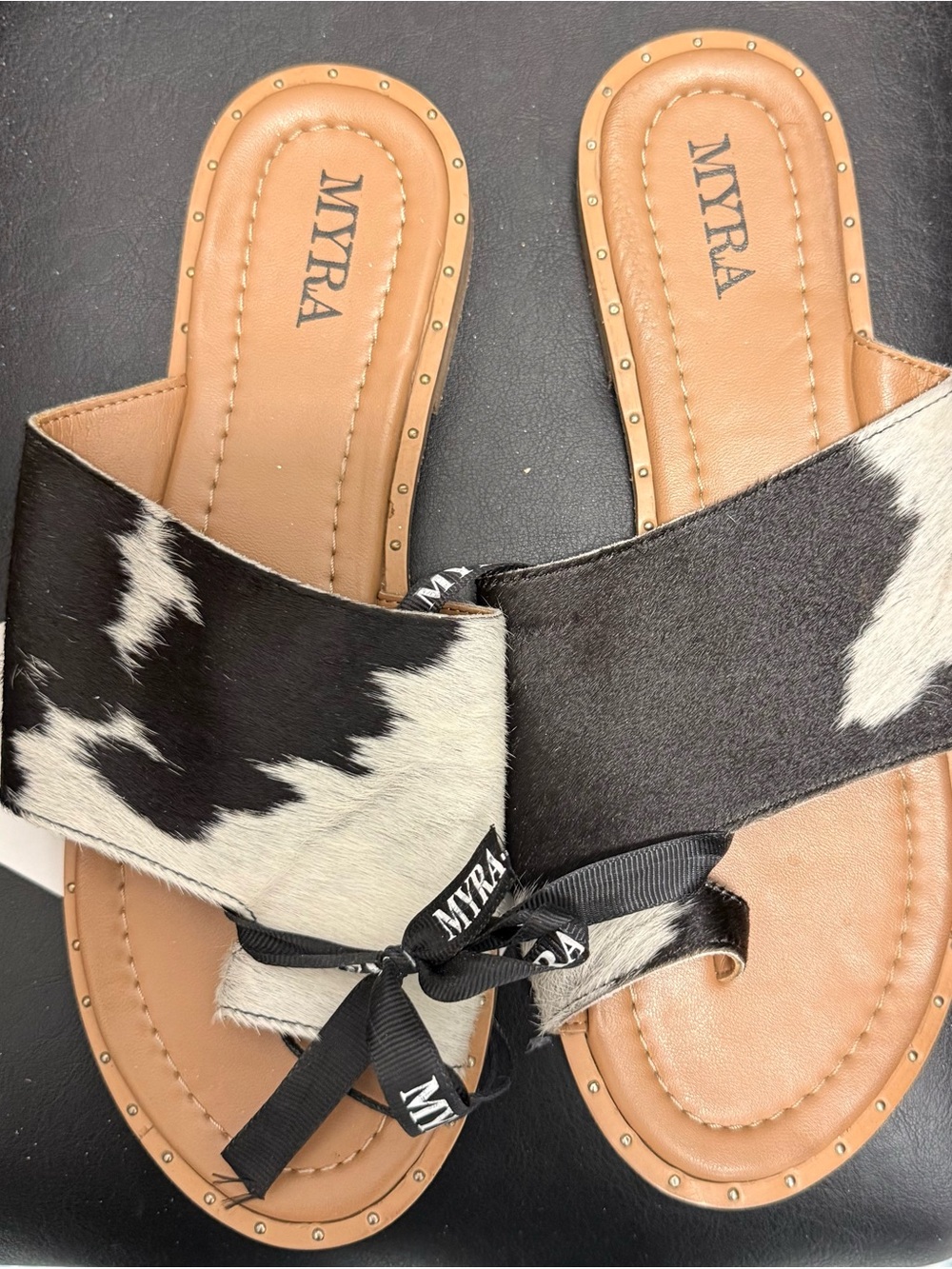 Myra Bag Black & White Cowhide Slide Sandals with Tan Footbed